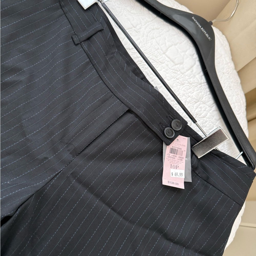 Ann Taylor lines black dress slacks with blue ticking stripes